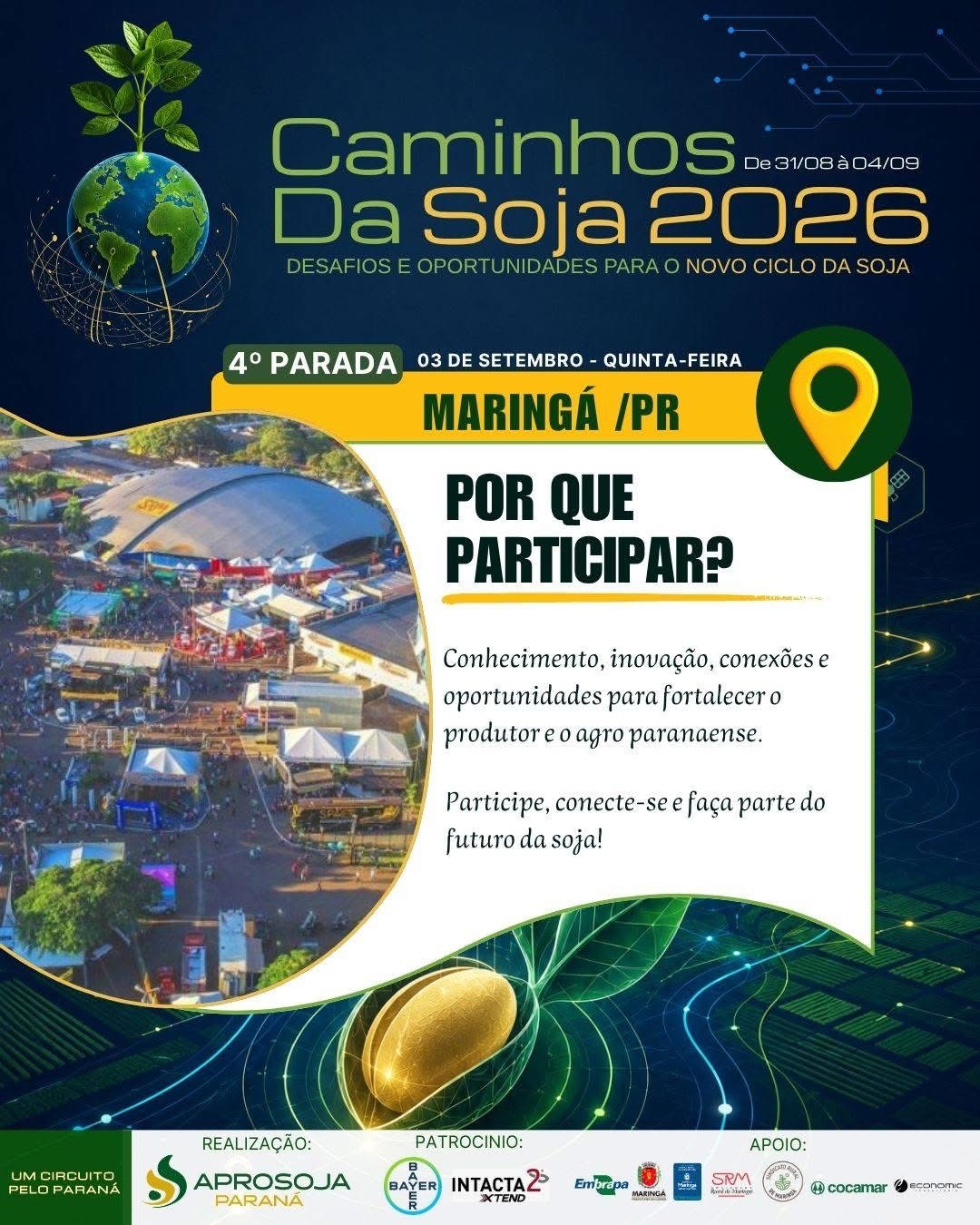Caminhos da Soja 2026 chega a Maringá com programação voltada aos desafios e oportunidades do novo ciclo da soja A Foraster Agrointeligência convida produtores rurais, profissionais e lideranças do agronegócio para participar do Caminhos da Soja 2026 – Desafios e Oportunidades para o Novo Ciclo da Soja, que acontece nesta quinta-feira, 3 de setembro, na Sociedade Rural de Maringá.
Promovido pela Aprosoja Paraná, o evento chega à sua quarta parada reunindo diferentes especialistas para uma noite dedicada à informação, conhecimento, análise de cenários e relacionamento.
A programação foi estruturada para abordar temas que estão diretamente ligados às decisões do produtor rural e aos desafios do agronegócio.
inscrições CLIQUE AQUI.
Programação
A noite começa com a recepção, credenciamento e entrega de materiais aos participantes, seguida pela abertura oficial com representantes do setor e participação do presidente da Aprosoja Paraná, João Cunha.
Na sequência, o público acompanhará uma série de conteúdos:
Planejamento Societário e Tributário
O especialista Rodrigo Bello abordará aspectos relacionados ao planejamento societário e tributário, tema cada vez mais relevante para a gestão e a organização das propriedades rurais e empresas do agronegócio.
A Evolução da Biotecnologia em Soja
No Momento Bayer, o representante da Soja Lucas Silva apresentará perspectivas relacionadas à evolução da biotecnologia aplicada à cultura da soja e às transformações que vêm impactando a produção.
Cargas de Grãos x Sementes de Plantas Daninhas – Um desafio que atravessa continentes
O tema será conduzido pelo engenheiro agrônomo, mestre e doutor Rafael Romero Mendes, da Embrapa Soja, trazendo uma discussão técnica sobre um dos desafios que ultrapassam as fronteiras das propriedades e exigem atenção de toda a cadeia produtiva.
Previsão de Rentabilidades
Encerrando os conteúdos técnicos da noite, o consultor de mercado Ronaty Makuko, do Pátria, apresentará uma análise sobre perspectivas de rentabilidade, contribuindo para a compreensão dos cenários que podem influenciar as decisões do produtor.
O evento será encerrado pelo presidente da Aprosoja Paraná, João Cunha.
Conhecimento que contribui para melhores decisões.
Para a Foraster, participar e apoiar iniciativas como o Caminhos da Soja representa estar próximo dos debates que movimentam o agronegócio e das informações que podem contribuir para uma gestão rural cada vez mais estratégica.
O produtor enfrenta um cenário em constante transformação, no qual tecnologia, planejamento, questões tributárias, manejo, mercado e rentabilidade estão cada vez mais conectados.
Por isso, momentos de troca de conhecimento e relacionamento são fundamentais para ampliar a visão sobre os desafios e as oportunidades do novo ciclo da soja.
Serviço
Caminhos da Soja 2026 – Desafios e Oportunidades para o Novo Ciclo da Soja
📅 3 de setembro de 2026 – quinta-feira
⏰ 19 horas
📍 Parque de Exposições da Sociedade Rural de Maringá – Maringá/PR
🎟️ Inscrições gratuitas
🍽️ Jantar de networking
Inscrições CLIQUE AQUI.
----
Jurídico, Gestão, Inovação e Tecnologia são os quatro pilares de consultoria e assessoria no Agronegócio da Foraster Agrointeligência.
Contato@foraster.com.br
Foraster.com.br