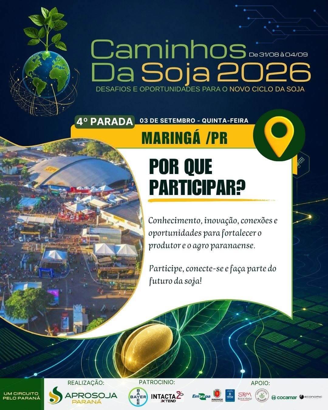 Caminhos da Soja 2026 chega a Maringá com programação voltada aos desafios e oportunidades do novo ciclo da soja A Foraster Agrointeligência convida produtores rurais, profissionais e lideranças do agronegócio para participar do Caminhos da Soja 2026 – Desafios e Oportunidades para o Novo Ciclo da Soja, que acontece nesta quinta-feira, 3 de setembro, na Sociedade Rural de Maringá.
Promovido pela Aprosoja Paraná, o evento chega à sua quarta parada reunindo diferentes especialistas para uma noite dedicada à informação, conhecimento, análise de cenários e relacionamento.
A programação foi estruturada para abordar temas que estão diretamente ligados às decisões do produtor rural e aos desafios do agronegócio.
inscrições CLIQUE AQUI.
Programação
A noite começa com a recepção, credenciamento e entrega de materiais aos participantes, seguida pela abertura oficial com representantes do setor e participação do presidente da Aprosoja Paraná, João Cunha.
Na sequência, o público acompanhará uma série de conteúdos:
Planejamento Societário e Tributário
O especialista Rodrigo Bello abordará aspectos relacionados ao planejamento societário e tributário, tema cada vez mais relevante para a gestão e a organização das propriedades rurais e empresas do agronegócio.
A Evolução da Biotecnologia em Soja
No Momento Bayer, o representante da Soja Lucas Silva apresentará perspectivas relacionadas à evolução da biotecnologia aplicada à cultura da soja e às transformações que vêm impactando a produção.
Cargas de Grãos x Sementes de Plantas Daninhas – Um desafio que atravessa continentes
O tema será conduzido pelo engenheiro agrônomo, mestre e doutor Rafael Romero Mendes, da Embrapa Soja, trazendo uma discussão técnica sobre um dos desafios que ultrapassam as fronteiras das propriedades e exigem atenção de toda a cadeia produtiva.
Previsão de Rentabilidades
Encerrando os conteúdos técnicos da noite, o consultor de mercado Ronaty Makuko, do Pátria, apresentará uma análise sobre perspectivas de rentabilidade, contribuindo para a compreensão dos cenários que podem influenciar as decisões do produtor.
O evento será encerrado pelo presidente da Aprosoja Paraná, João Cunha.
Conhecimento que contribui para melhores decisões.
Para a Foraster, participar e apoiar iniciativas como o Caminhos da Soja representa estar próximo dos debates que movimentam o agronegócio e das informações que podem contribuir para uma gestão rural cada vez mais estratégica.
O produtor enfrenta um cenário em constante transformação, no qual tecnologia, planejamento, questões tributárias, manejo, mercado e rentabilidade estão cada vez mais conectados.
Por isso, momentos de troca de conhecimento e relacionamento são fundamentais para ampliar a visão sobre os desafios e as oportunidades do novo ciclo da soja.
Serviço
Caminhos da Soja 2026 – Desafios e Oportunidades para o Novo Ciclo da Soja
📅 3 de setembro de 2026 – quinta-feira
⏰ 19 horas
📍 Parque de Exposições da Sociedade Rural de Maringá – Maringá/PR
🎟️ Inscrições gratuitas
🍽️ Jantar de networking
Inscrições CLIQUE AQUI.
----
Jurídico, Gestão, Inovação e Tecnologia são os quatro pilares de consultoria e assessoria no Agronegócio da Foraster Agrointeligência.
Contato@foraster.com.br
Foraster.com.br